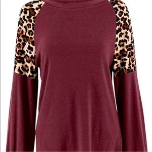 Casual Wine colored long sleeve top with leopard print detail